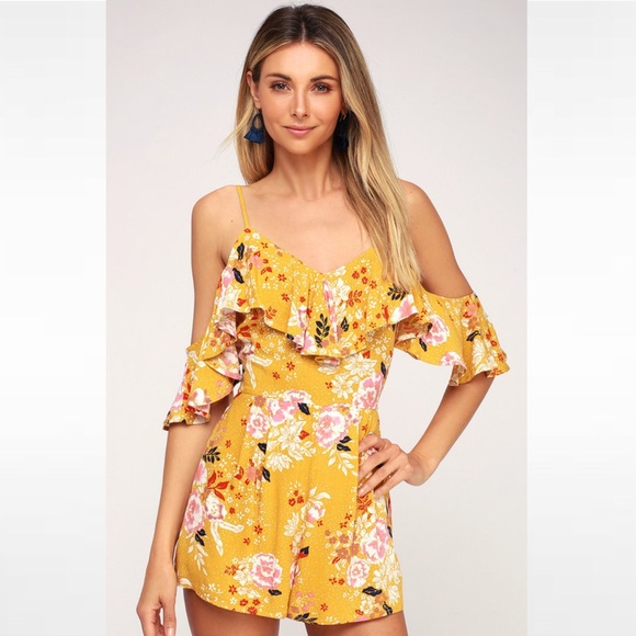 Lulus Pants - NWT Mustard Yellow Floral Off Shoulder Romper